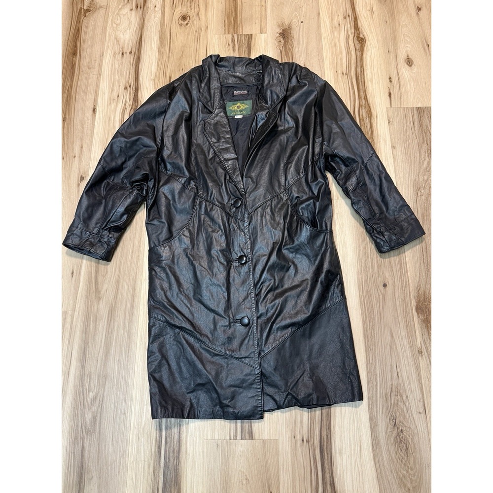 Vintage Avanti Black Leather Long Coat Womens Size S
